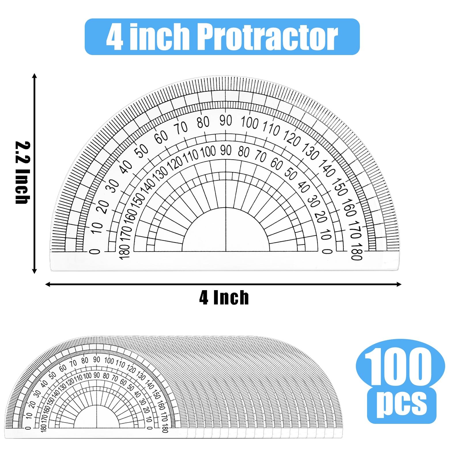 100 PCS Clear Plastic Protractor 180 Degree Math Geometry Student Tool 4 Inch