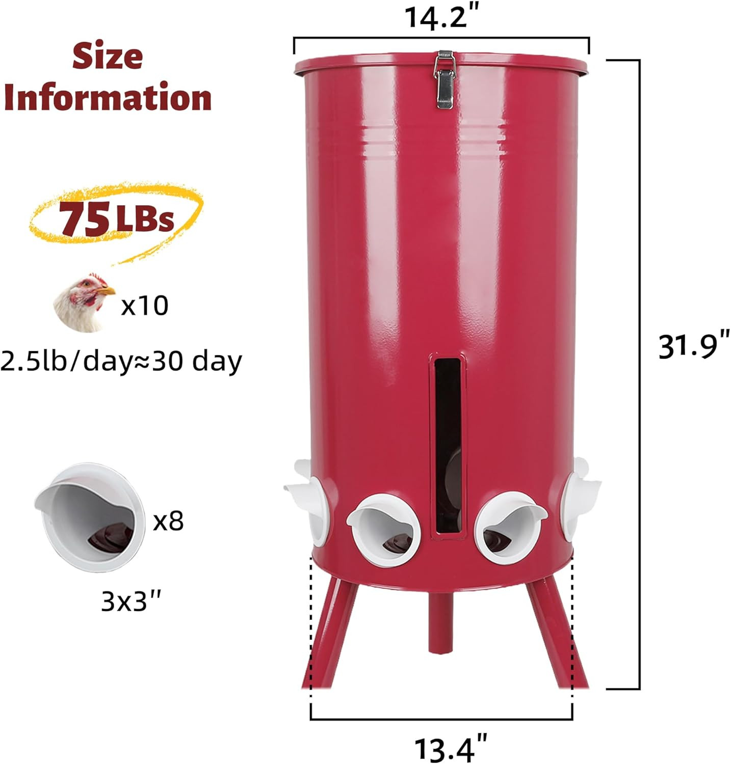 75 LB Large Free Standing Chicken Feeder, Portable Gravity Chicken Feeder Automa