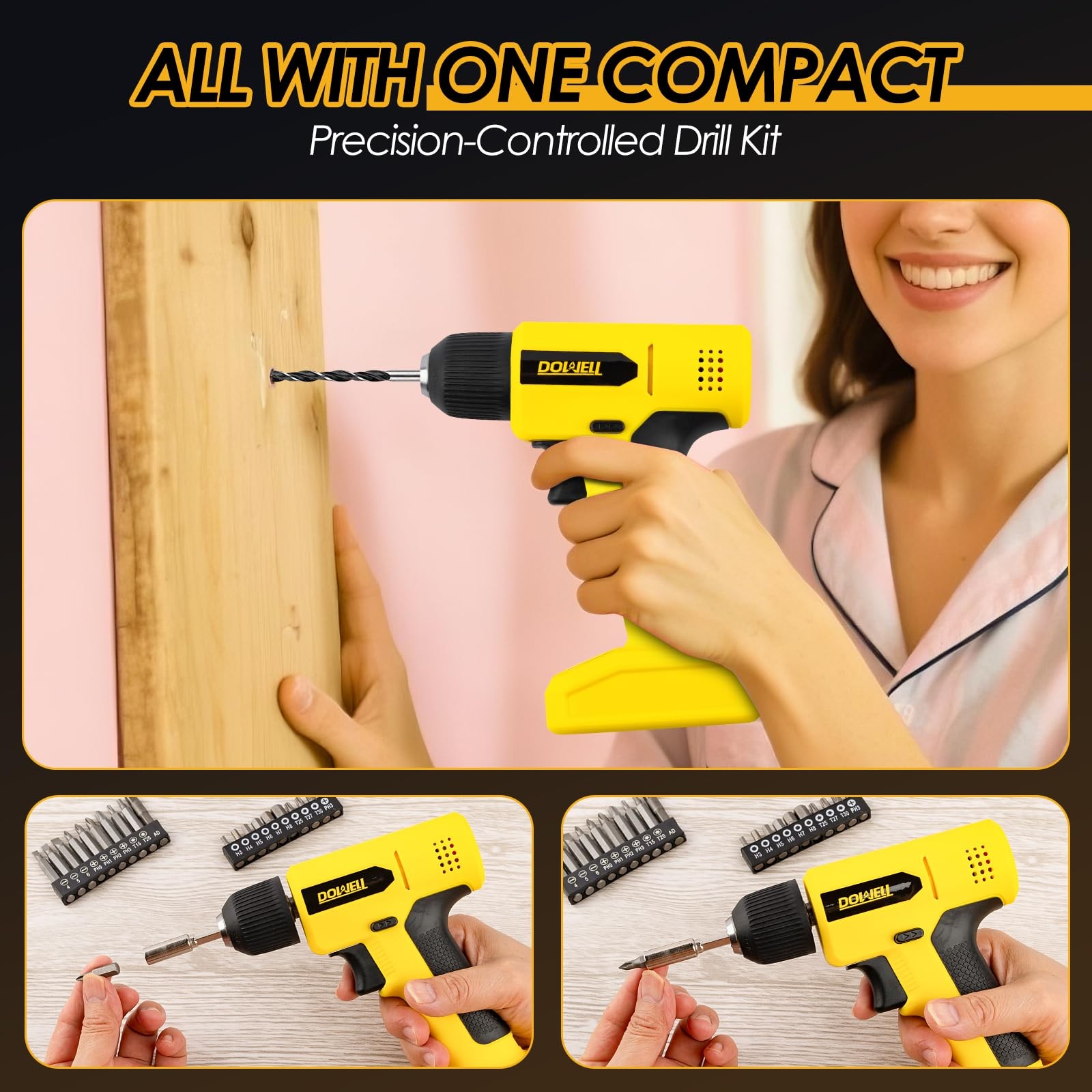 8V Cordless Drill Tool Set 58 PCS Builtin LED Variable Speed TypeC Yellow