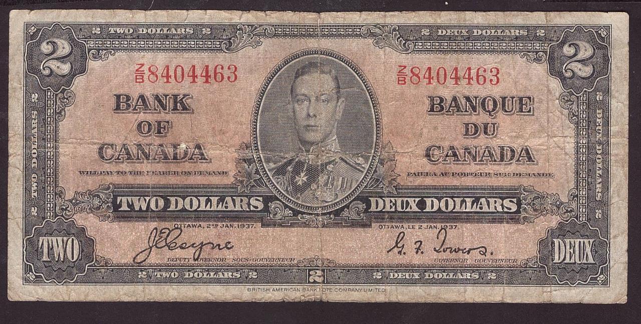 1937 Canada $2 note Coyne Towers Z/B8404463 VG