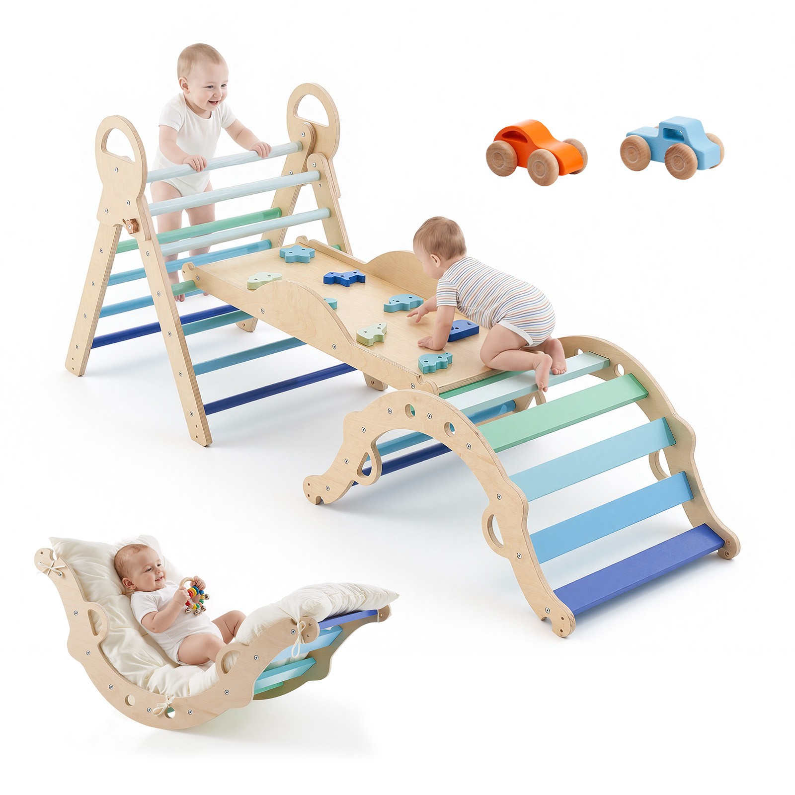 VEVOR Pikler Triangle Set 9-in-1 Toddler Climbing Toys with Wooden Cars Blue