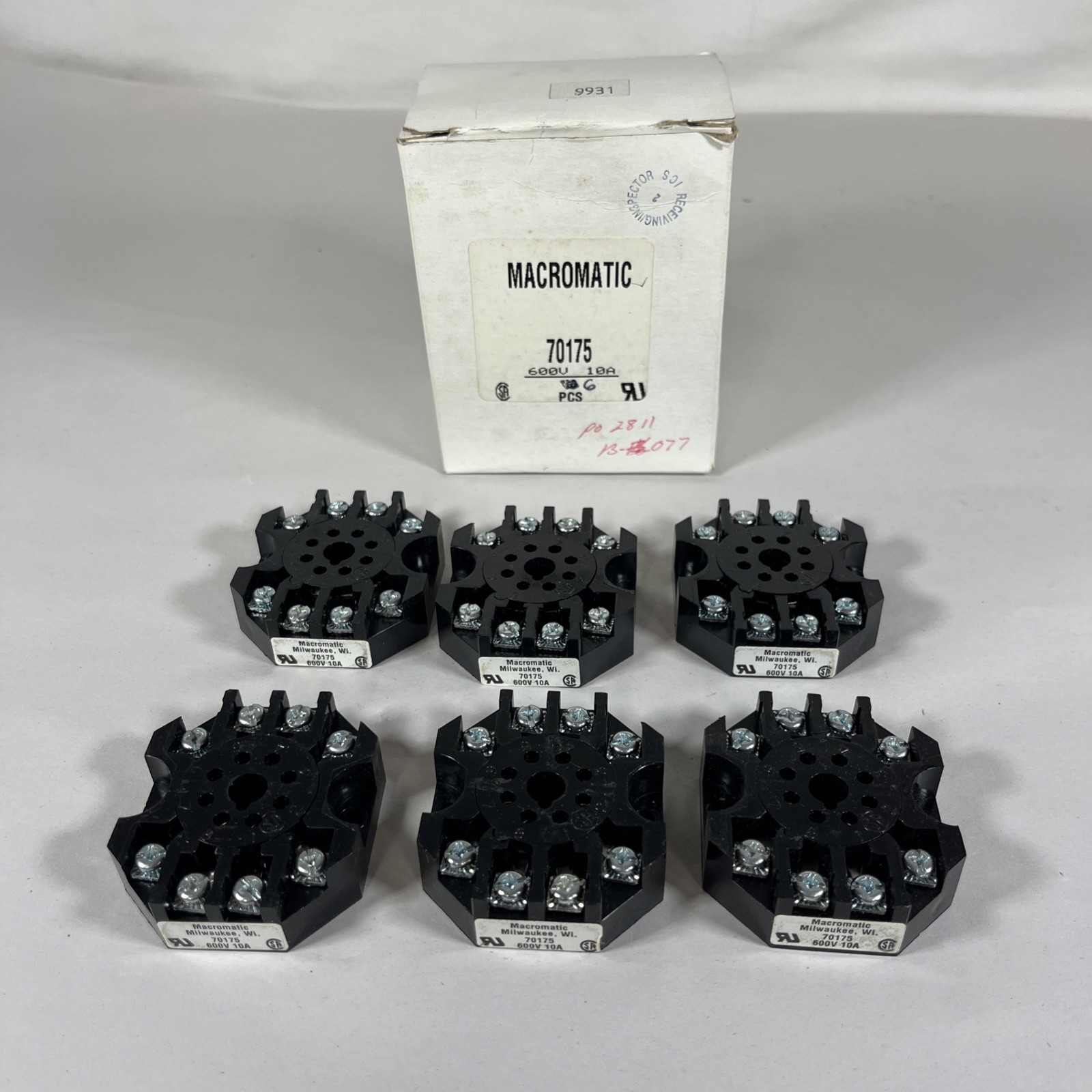 Box of 6 Pcs Macromatic 70175 Relay Socket 8 Pin 600V 10A