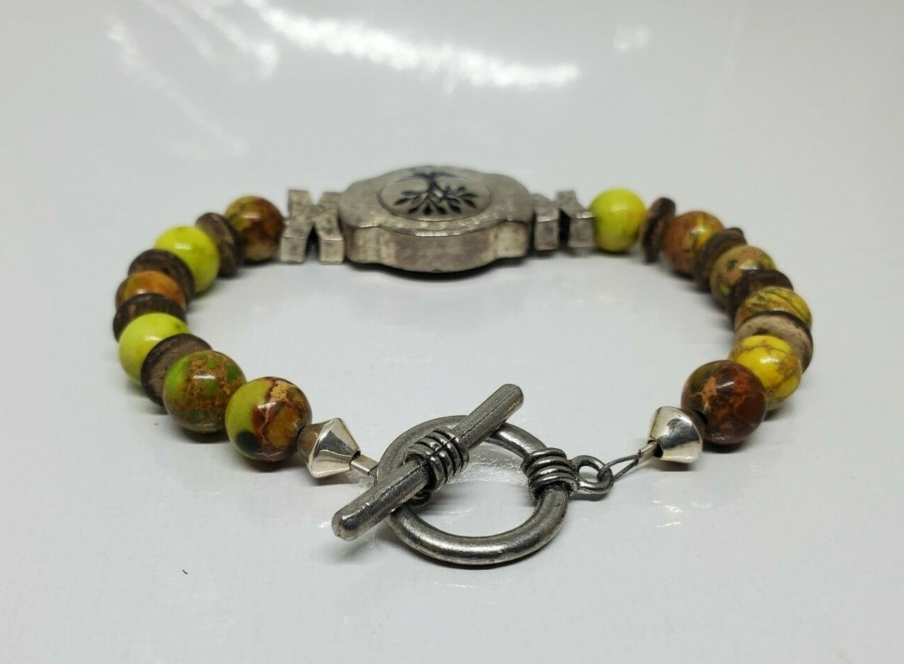 Green Brown Beaded Tree Design Bracelet 8" Marked KS