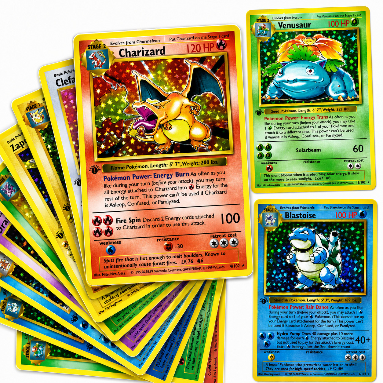1996 1st Edition Set Charizard Venusaur Blastoise 25th Anniversary Cards..