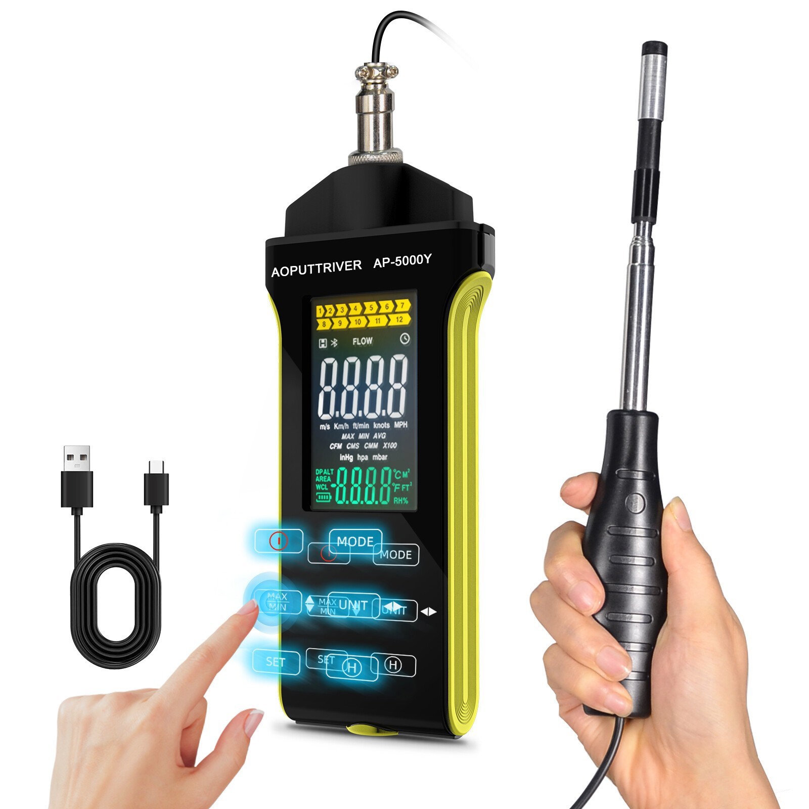 Hot Wire Anemometer, Retractable Air Flow Meter, Large Color LCD, Auto Shutdown