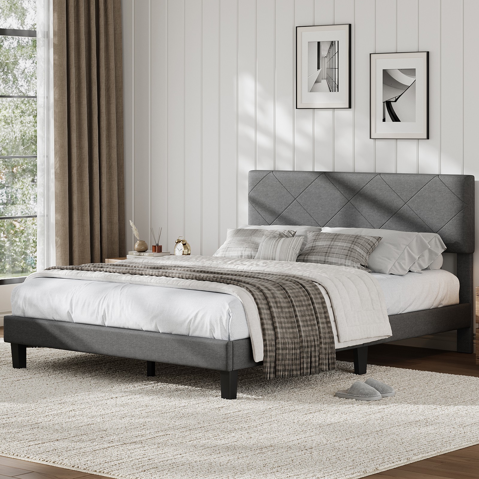 Twin/Full/Queen/King Size Bed Frame with Upholstered Headboard,Easy Assembly