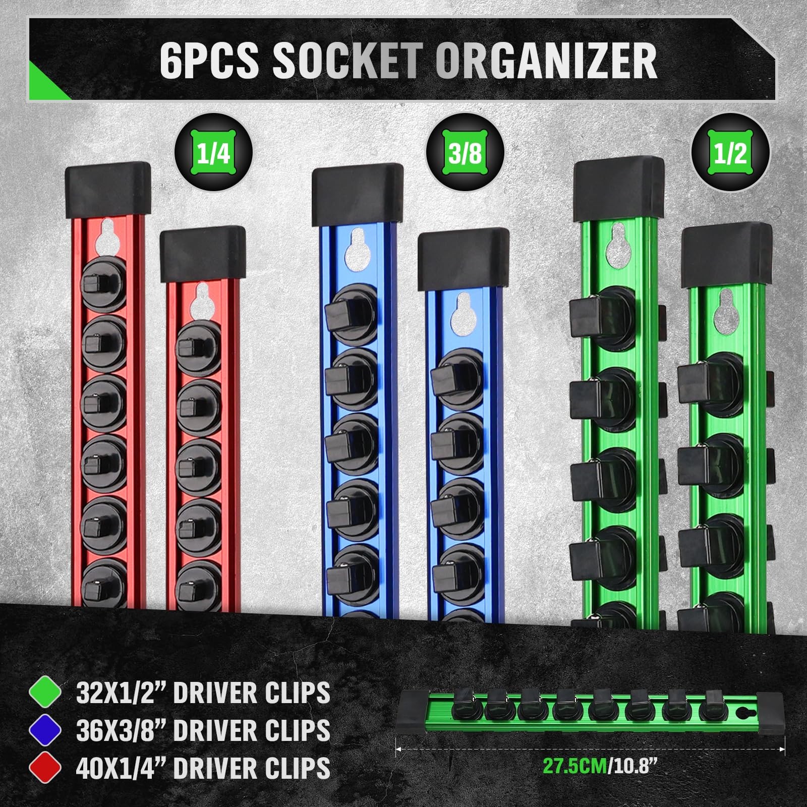 6-piece Socket Organizer Storage Set, 1/4-Inch, 3/8-Inch, 1/2-Inch Double Sid...
