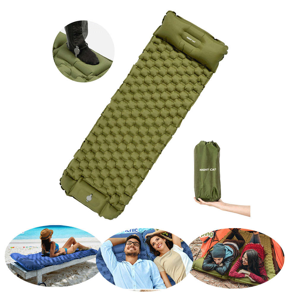 Night Cat Single Inflating Pad Sleeping Mattress Air Bed Camping Mat Pillow