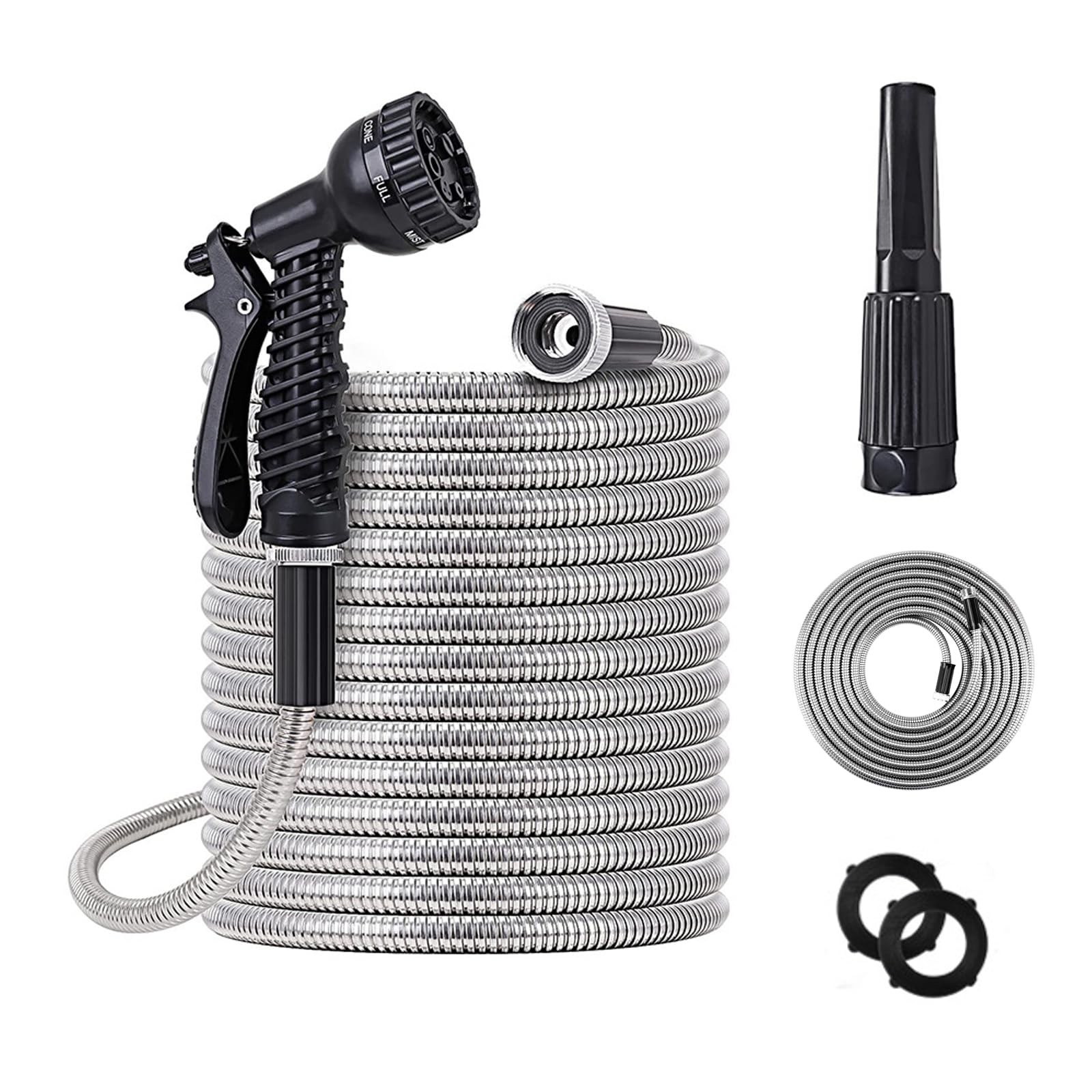 75ft Metal Garden Hose Stainless Steel Heavy Duty Water Hose With 2 Nozzles, ...