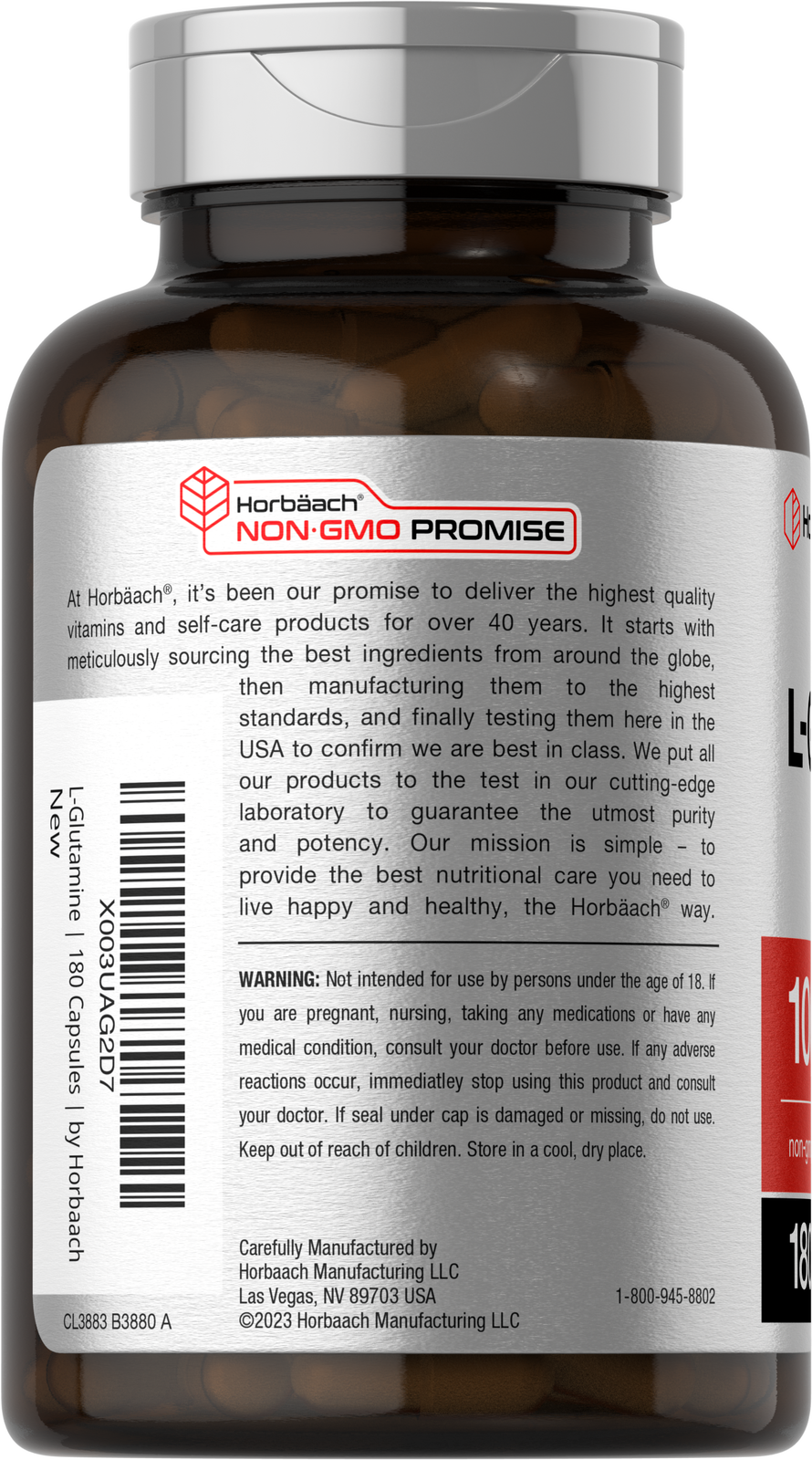 L Glutamine Capsules | 1000mg | 180 Count | Non-GMO, Gluten Free | by Horbaach