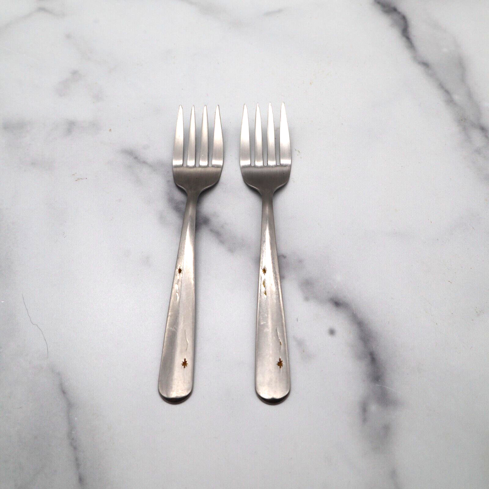 2 Imperial Intl USA Star Time Salad Forks Stainless Atomic MCM Round