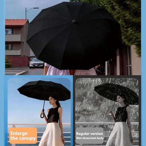 Windproof Umbrella, Compact Reverse Folding with Carabiner Handle, UV & Black