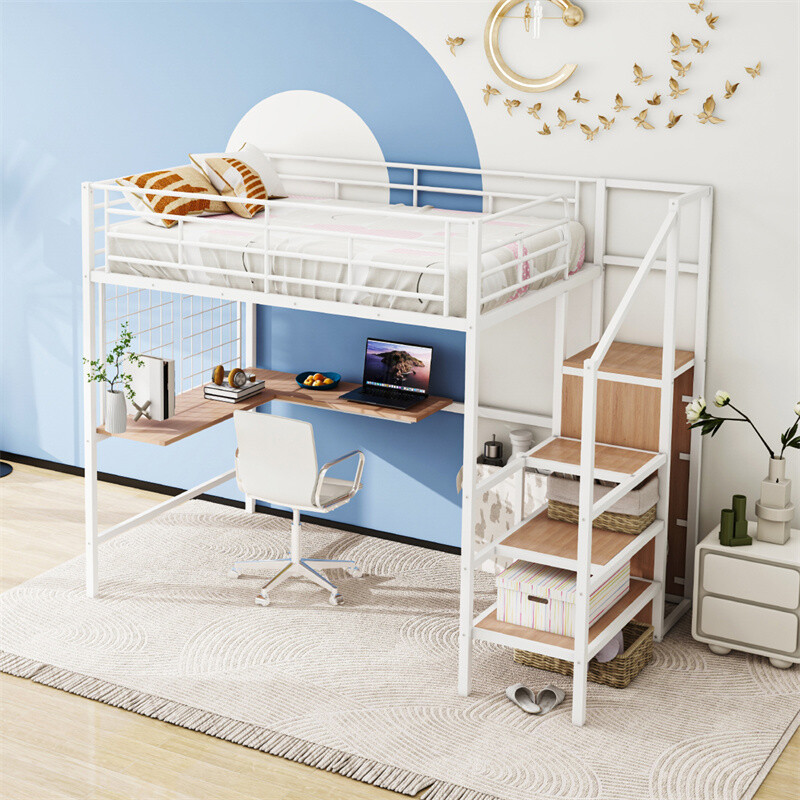 Full Size Metal Loft Bed w/Desk Wardrobe Metal Grid and Storage Staircase-White