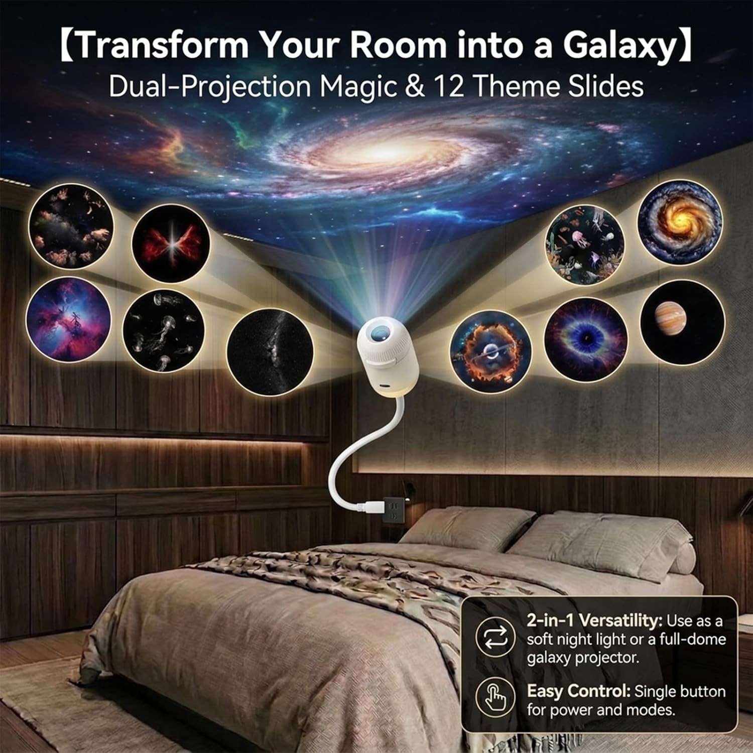 2in1 Galaxy Projector Night Light, 360° Rotating Design USB Portable Night Light