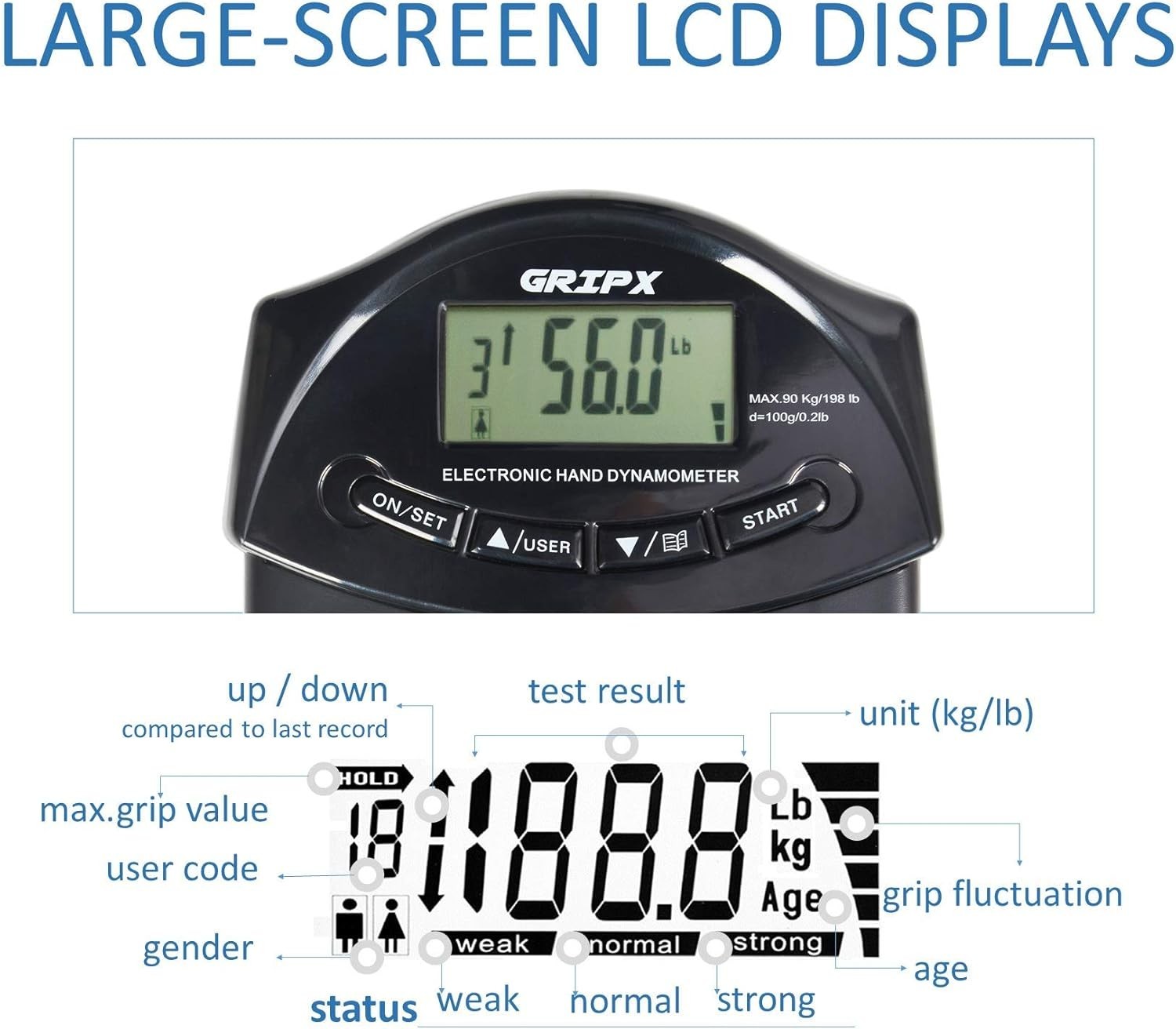 Digital Hand Dynamometer Grip Strength Measurement Meter Auto Capturing Elect...