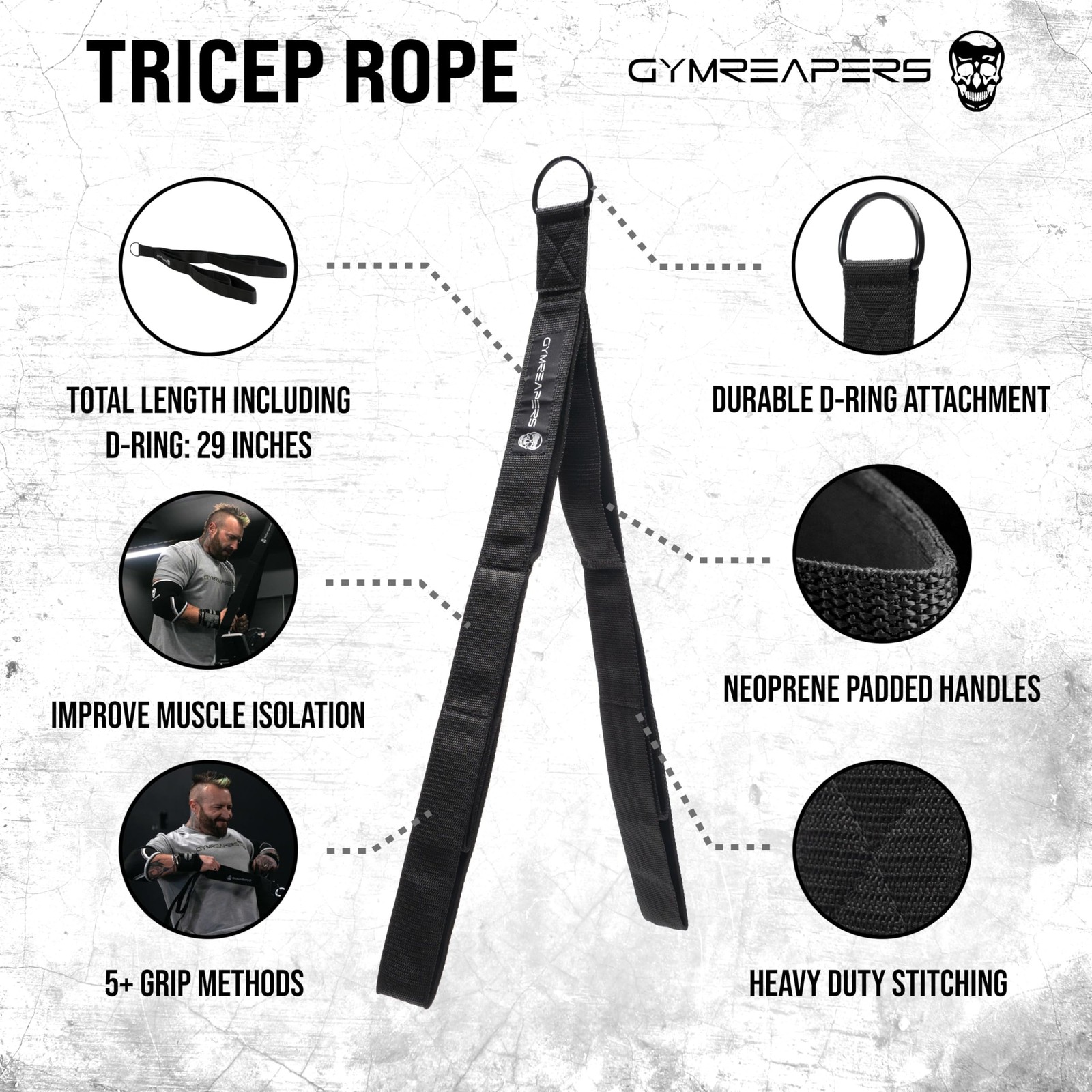 Gymreapers Tricep Rope Cable Attachment - Multi-Workout Tricep Pull Down Cable A