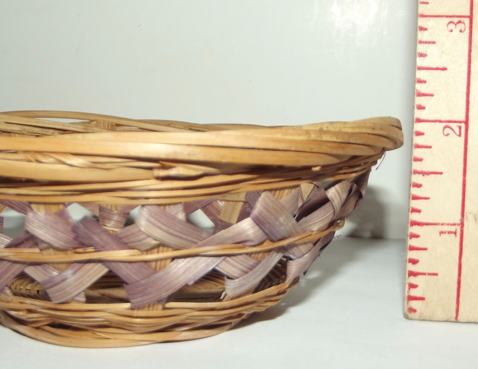Basket small 5.5" oval woven tiny open trinket brown purple
