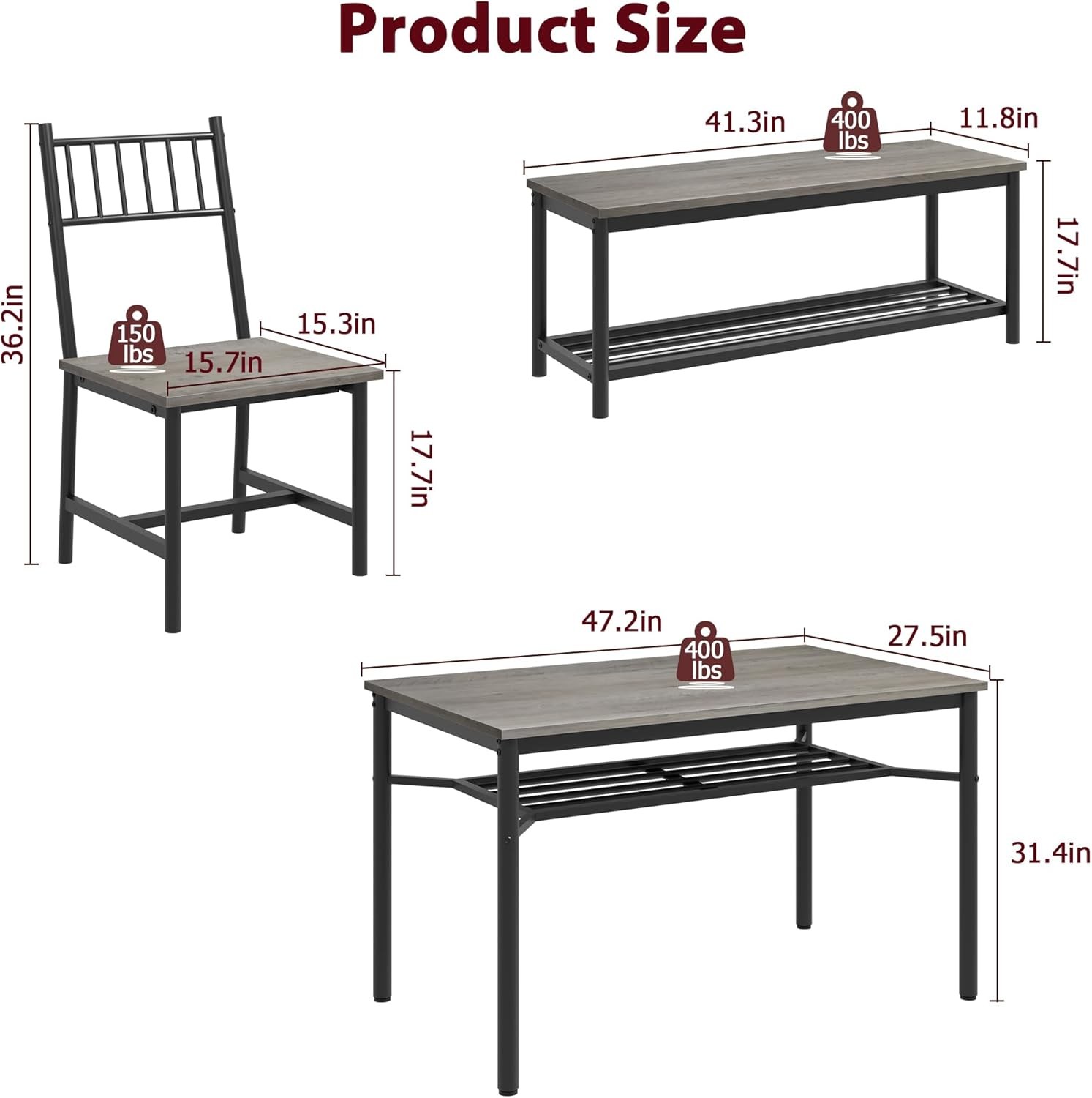 Dining Table Bench & 2 Chairs Set for 4,Rectangular Kitchen Table with Wine Rack