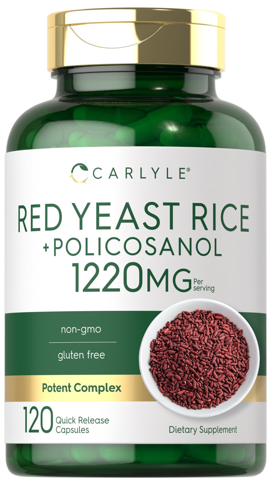 Red Yeast Rice with Policosanol | 1220mg | 120 Capsules | Non-GMO | by Carlyle