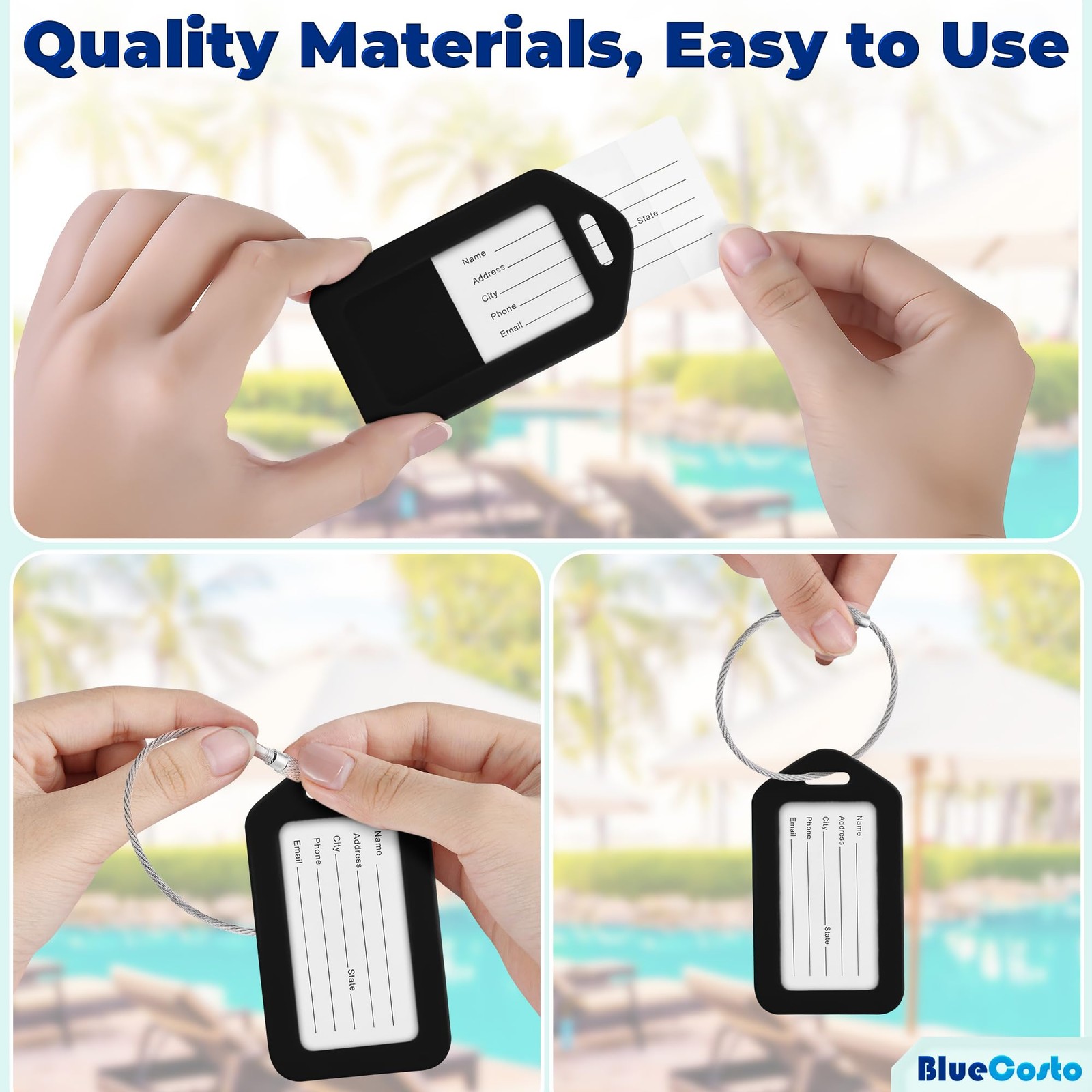 BlueCosto - Luggage Tags - Black, 10 Pack - Suitcase with Name 10, Black