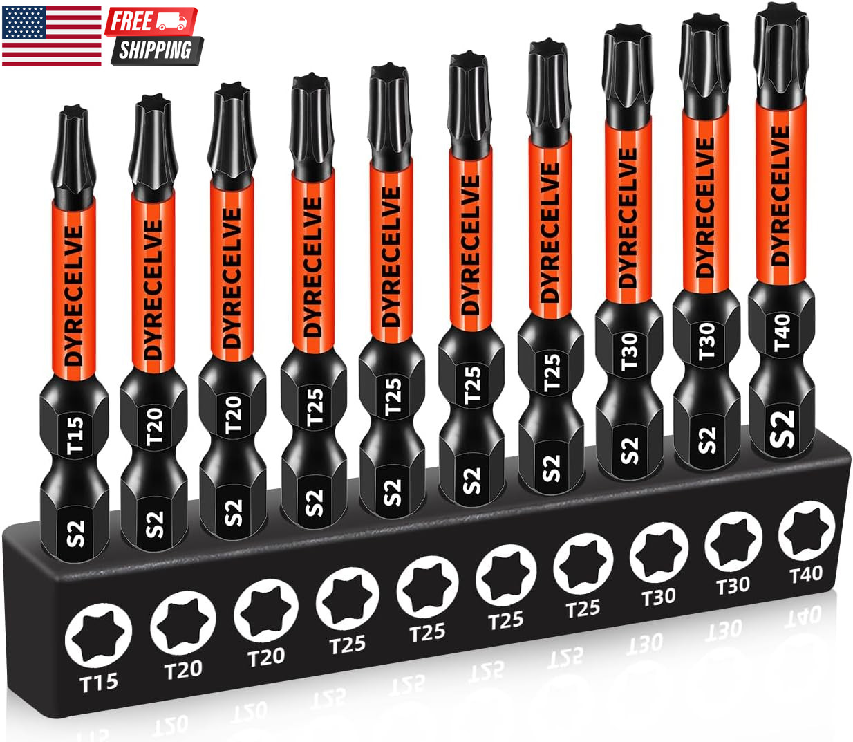 Impact Torx Bit Set T15 T20 T25 T30 T40, 10-Pack 2 Inch S2 Steel Magnetic Power