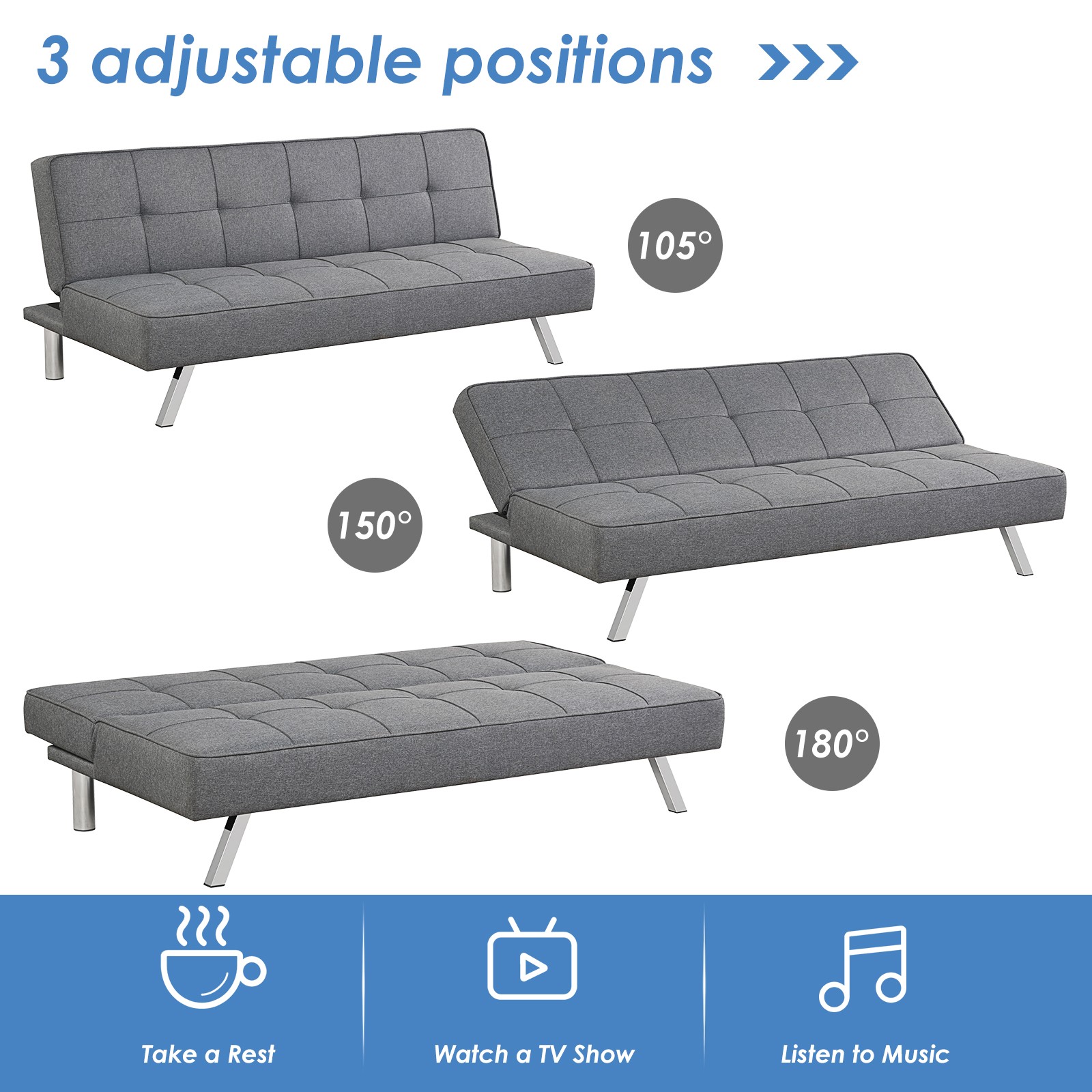 Topbuy 3-Seat Adjustable Sofa Bed Long Sofa with 3 Adjustable Angles for Living