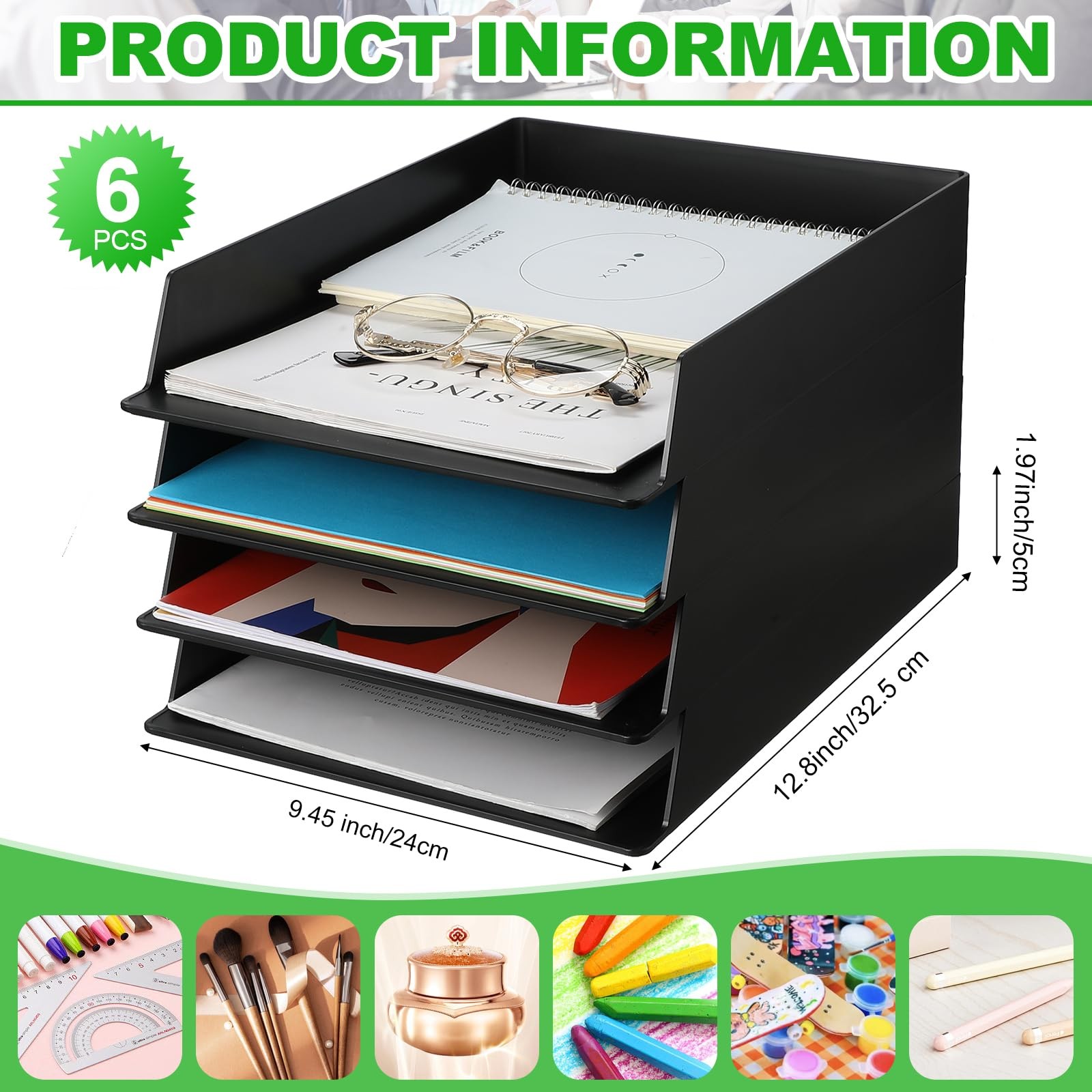 6 PCS Stackable Paper Trays Rectangular Plastic Desk Holder File Storage Black
