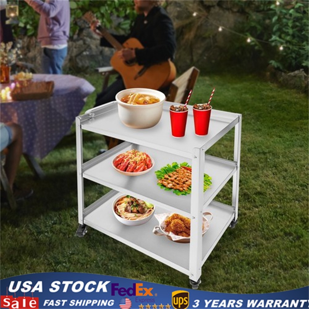 3-Shelf Utility Cart Stainless Steel Kitchen Cart Serving Storage Rolling Cart