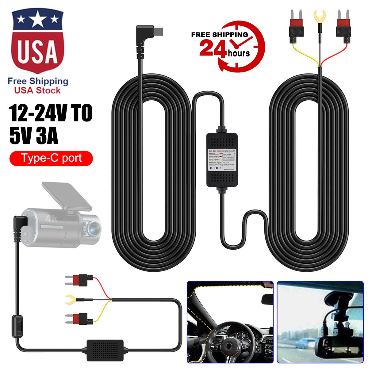 Dash Cam Hard Wire Kit 12/24V to 5V Car Charger 3A 24H Parking Monitor Buck Line
