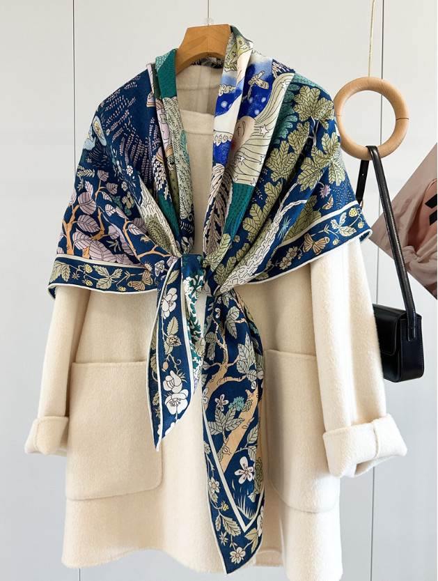 70% Cashmere 30% Silk Wrap Scarf Forest bird Print Double Face Big Shawl 53''