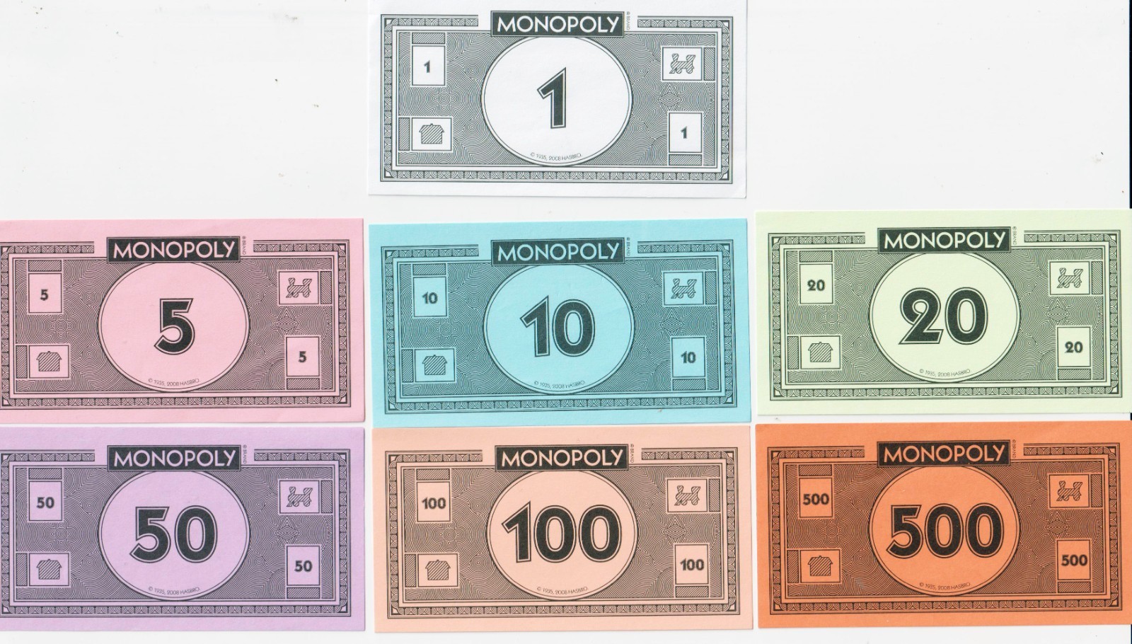 Monopoly Money Replacement Bills Pieces 1935-2008 Hasbro Five Bills per Lot