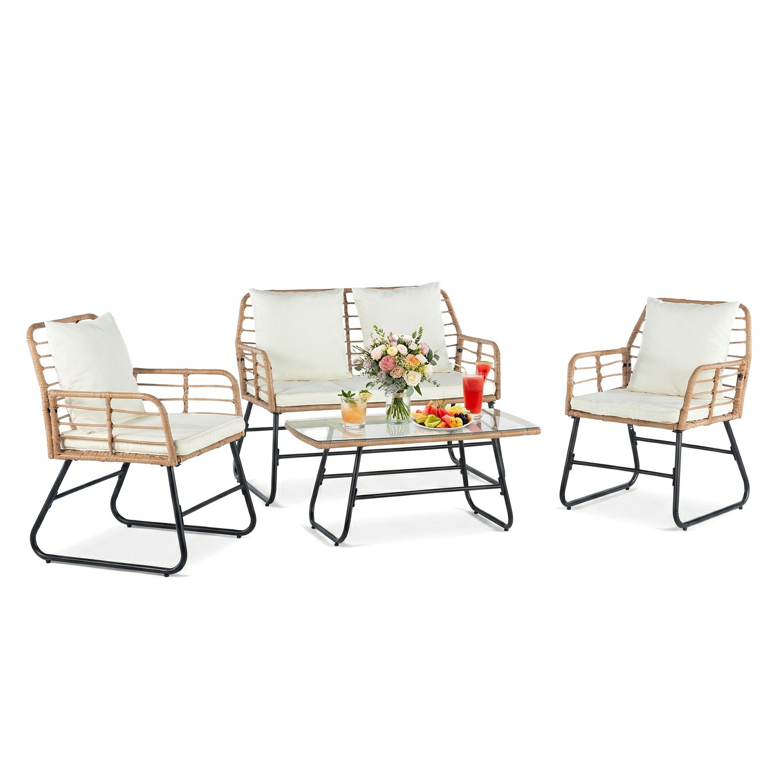 Outdoor Four-piece Garden Furniture Set, Rattan Garden Set, Equipped With Thick