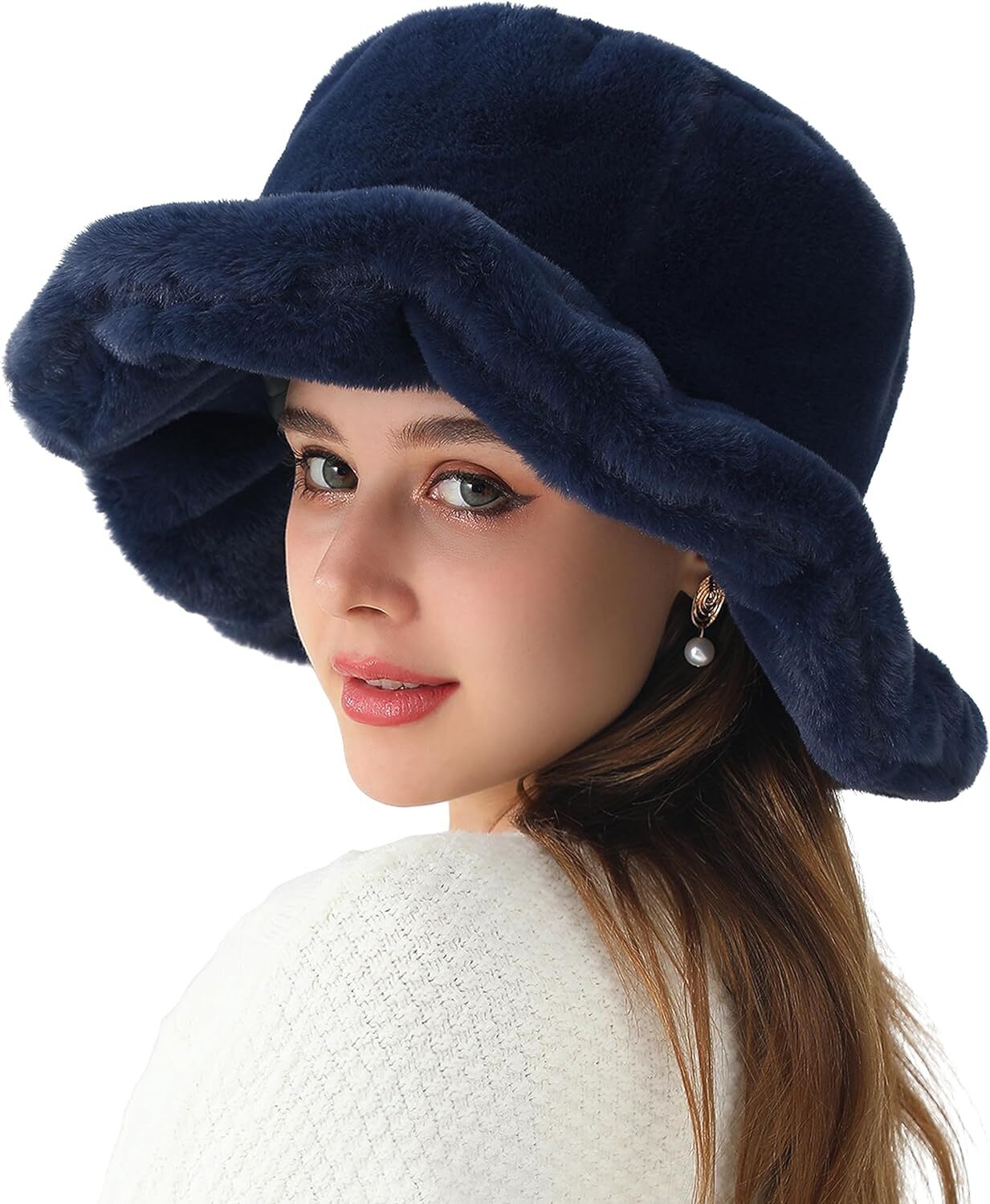 LA CARRIE Women's Snakeskin Print Faux Fur Bucket Hat Winter Warmer 0, Navy