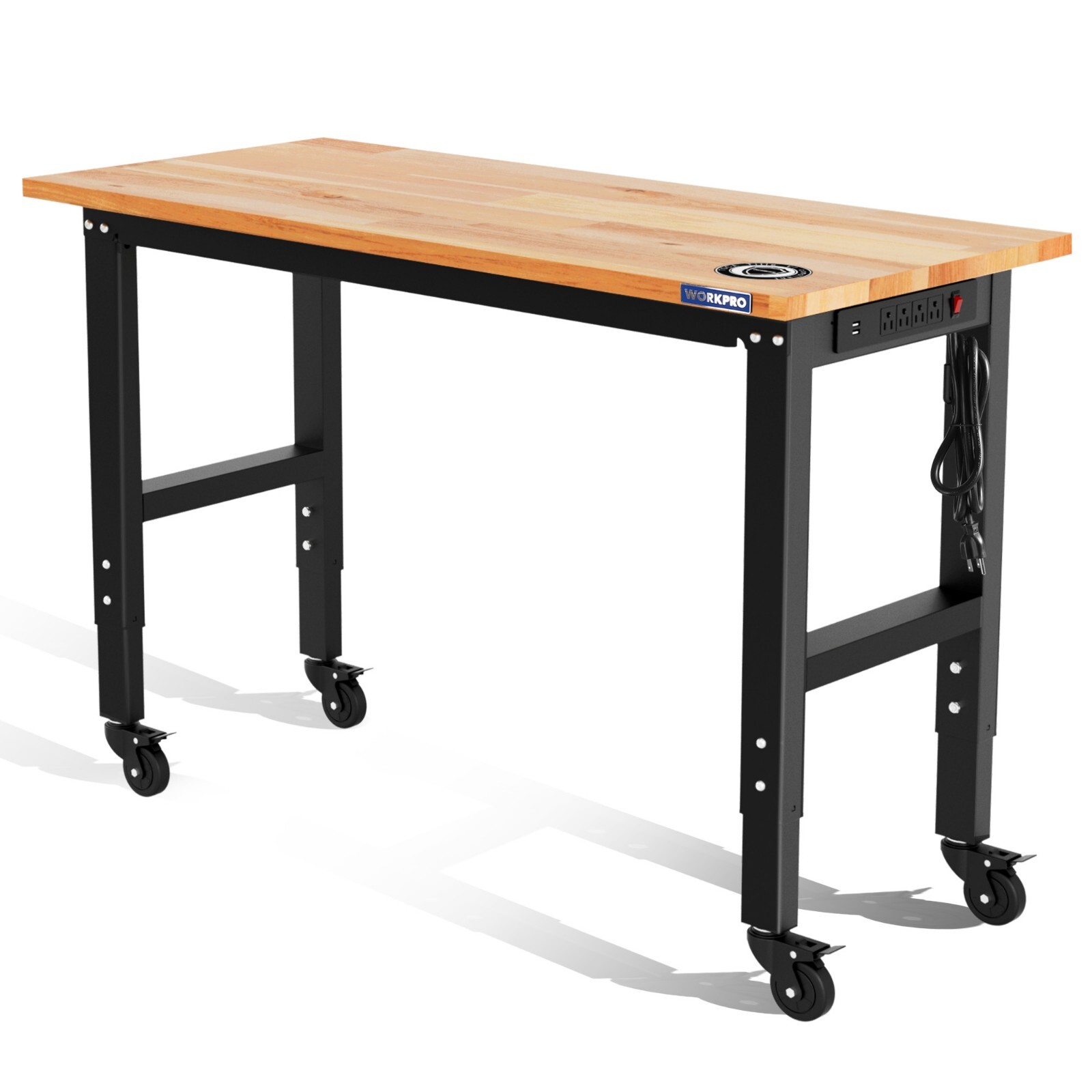 48"X22" Adjustable Workbench with Wheels, Rubber Wood Top Heavy-Duty Workstation