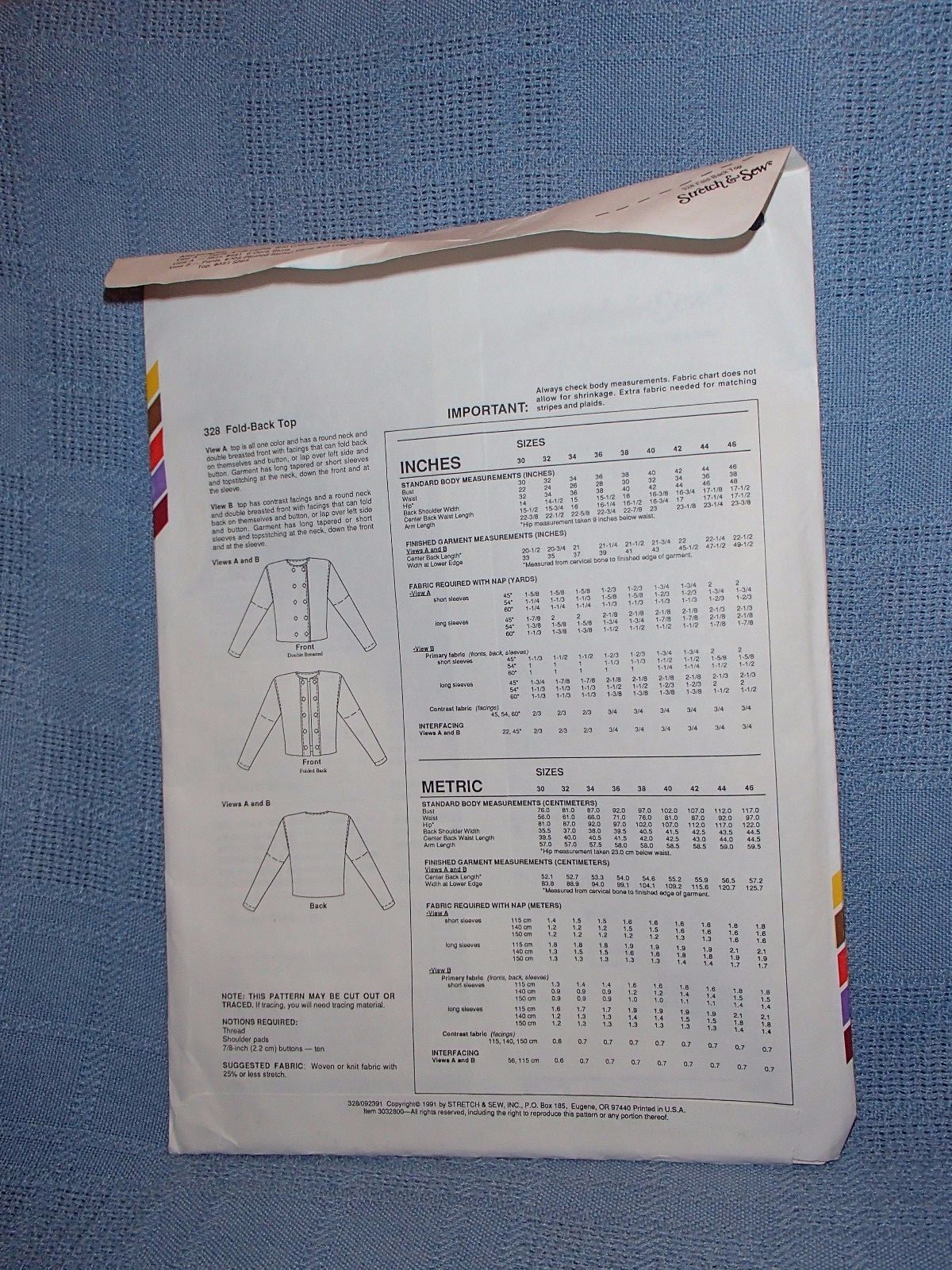 Sewing Pattern: Stretch & Sew 328 Fold-back top Long Sleeves Short Sleeves