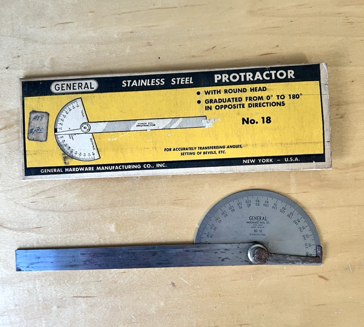 Vtg Protractor General Hardware No.18 Machinist's Stainless Steel Protractor USA
