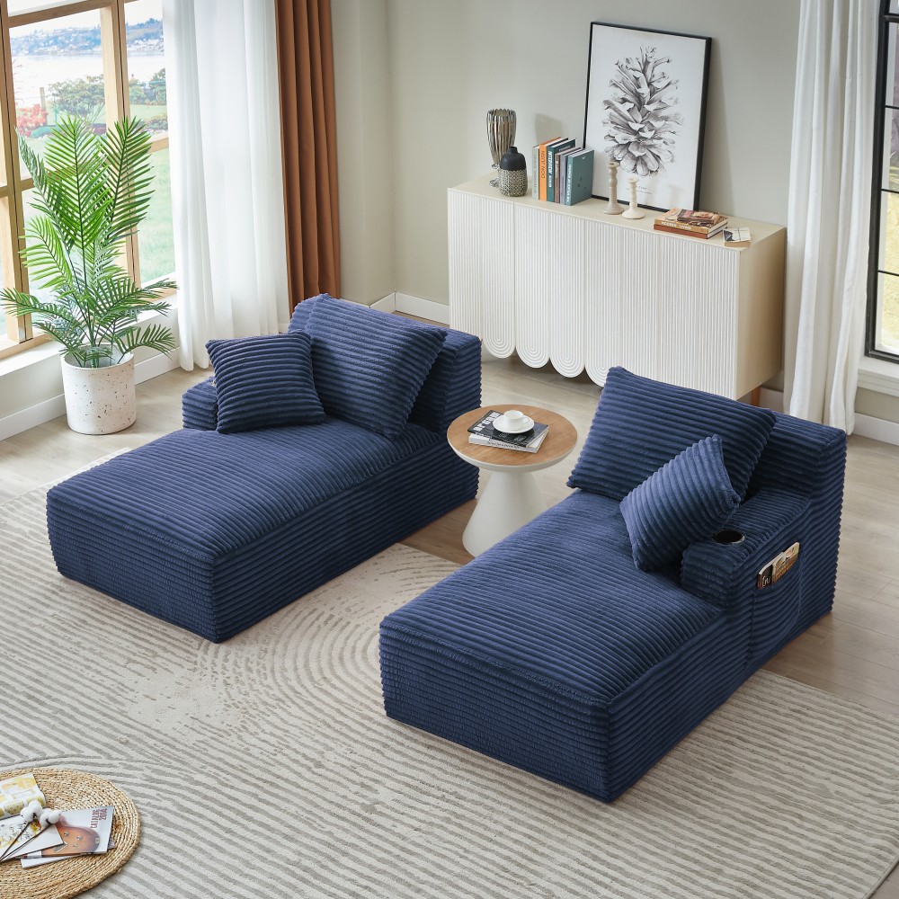 Compressible Double Chaise Sofa w/ Cupholders & Corduroy - No Assembly