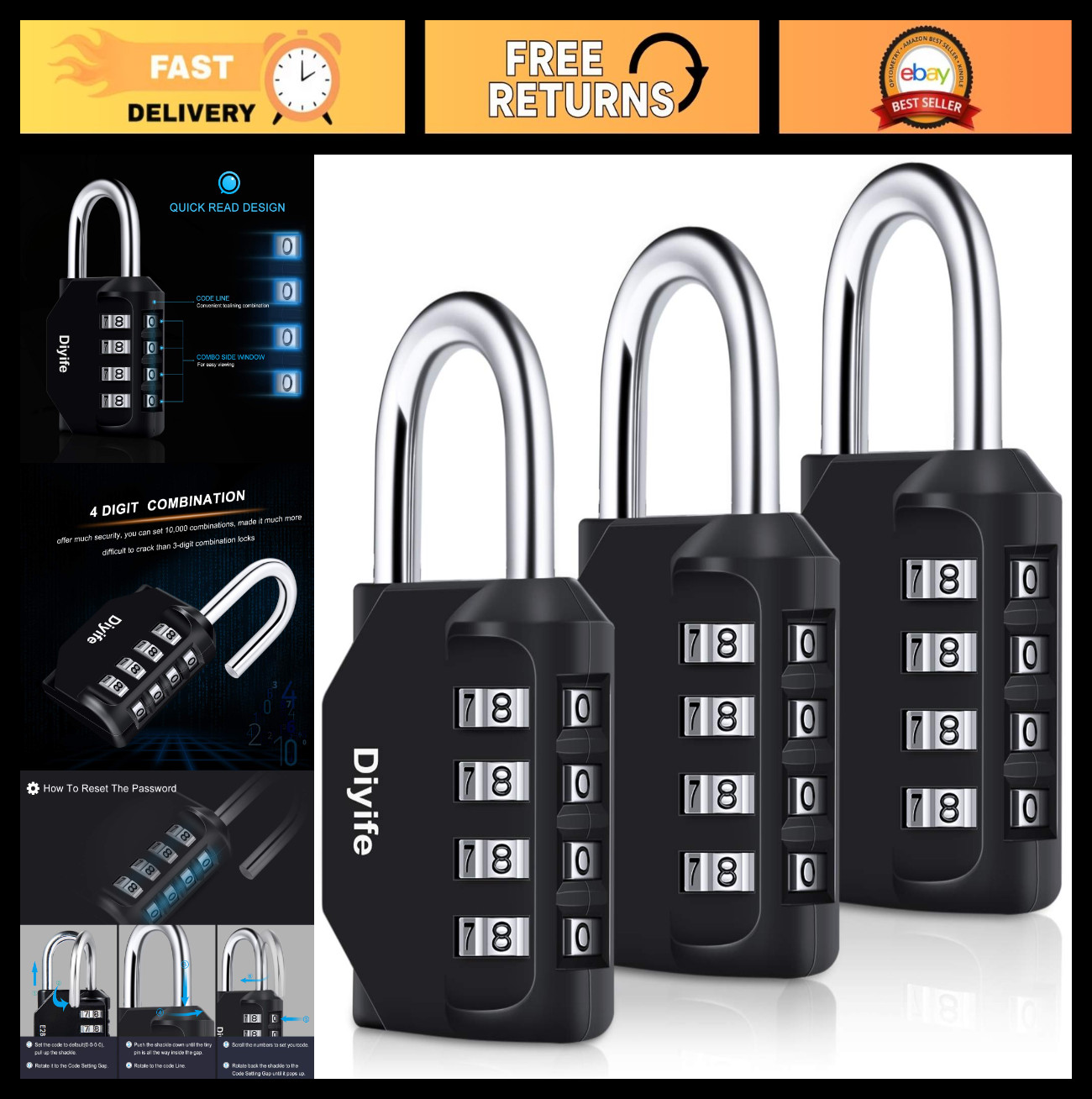 3 Pack Waterproof 4-Digit Combination Padlocks - Metal Steel Locks for Fences, L