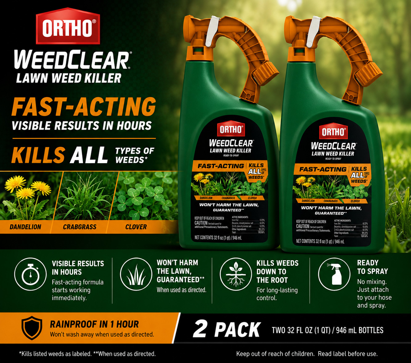 Ortho WeedClear Lawn Weed Killer Ready-To-Spray 32 oz (2 Pack) Crabgrass