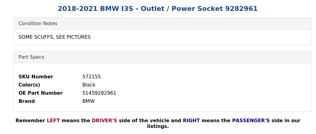 2018-2021 BMW I3S - Outlet / Power Socket 9282961