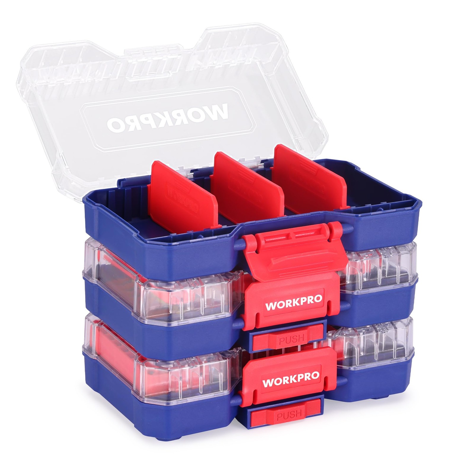 WORKPRO Small Parts Organizer 3 Pieces, 6.5 x 4.21 x 1.97 inches, Red, blue