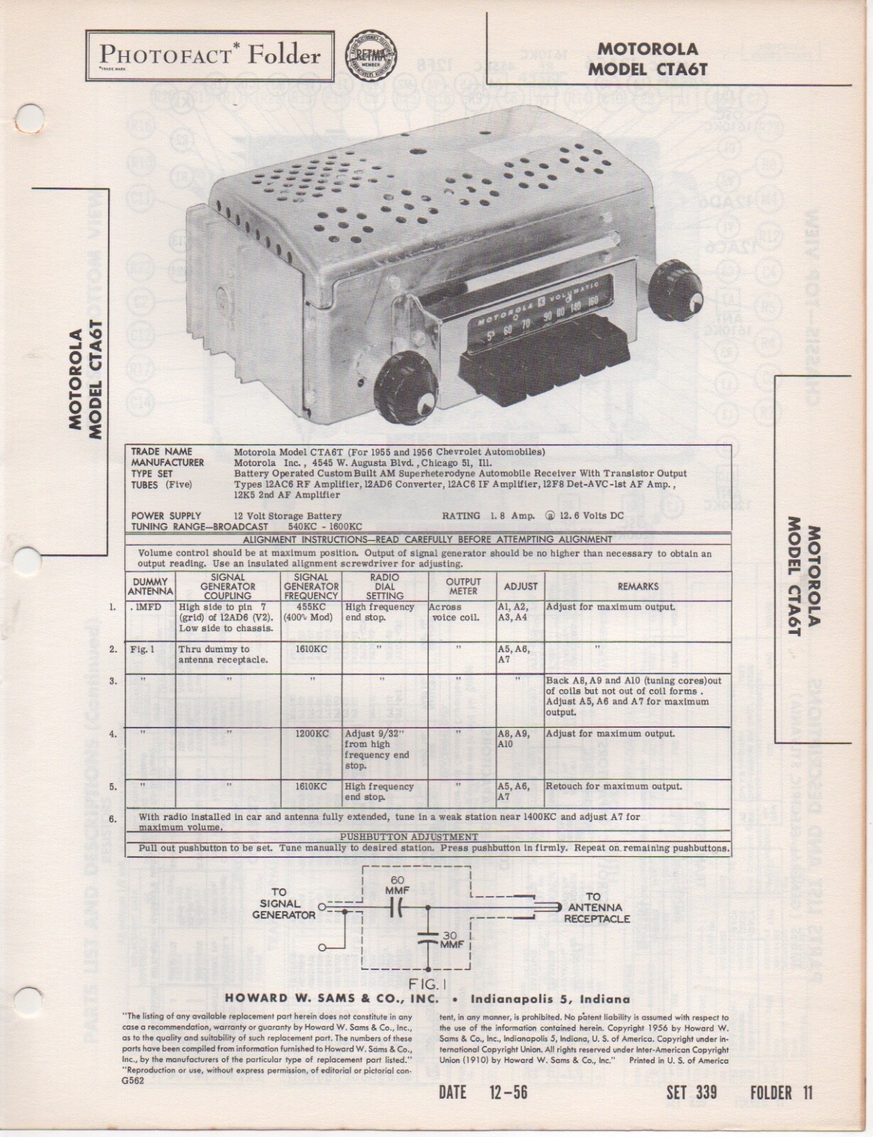 1956 MOTOROLA CTA6T RADIO service manual PHOTOFACT SCHEMATIC 1955 CHEVROLET FIC