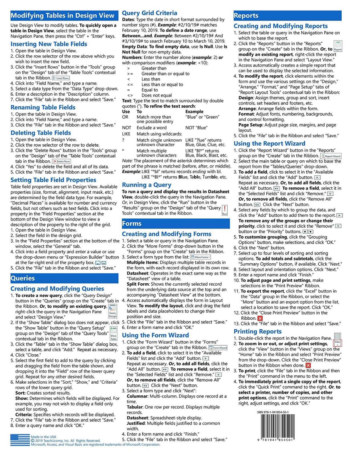 Access 2019 Training Guide Quick Reference Card 2 Page Cheat Sheet Instructions