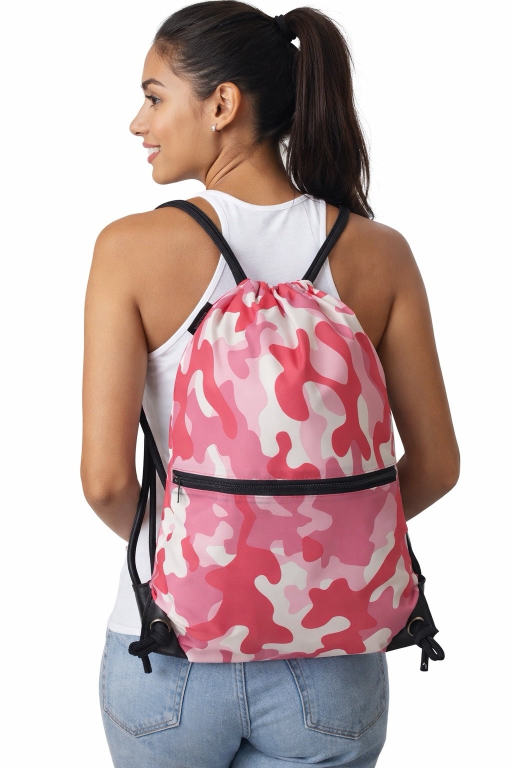 Pink Camo-Multi Drawstring Backpack Lightweight Gym Sport Sack Pack Travel Bag