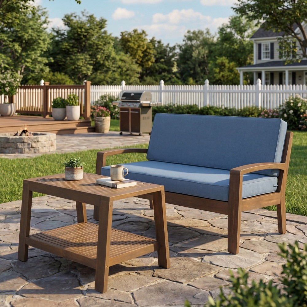 Outdoor Loveseat Conversation Set W/ Gray Coffee Table & Blue Cushions