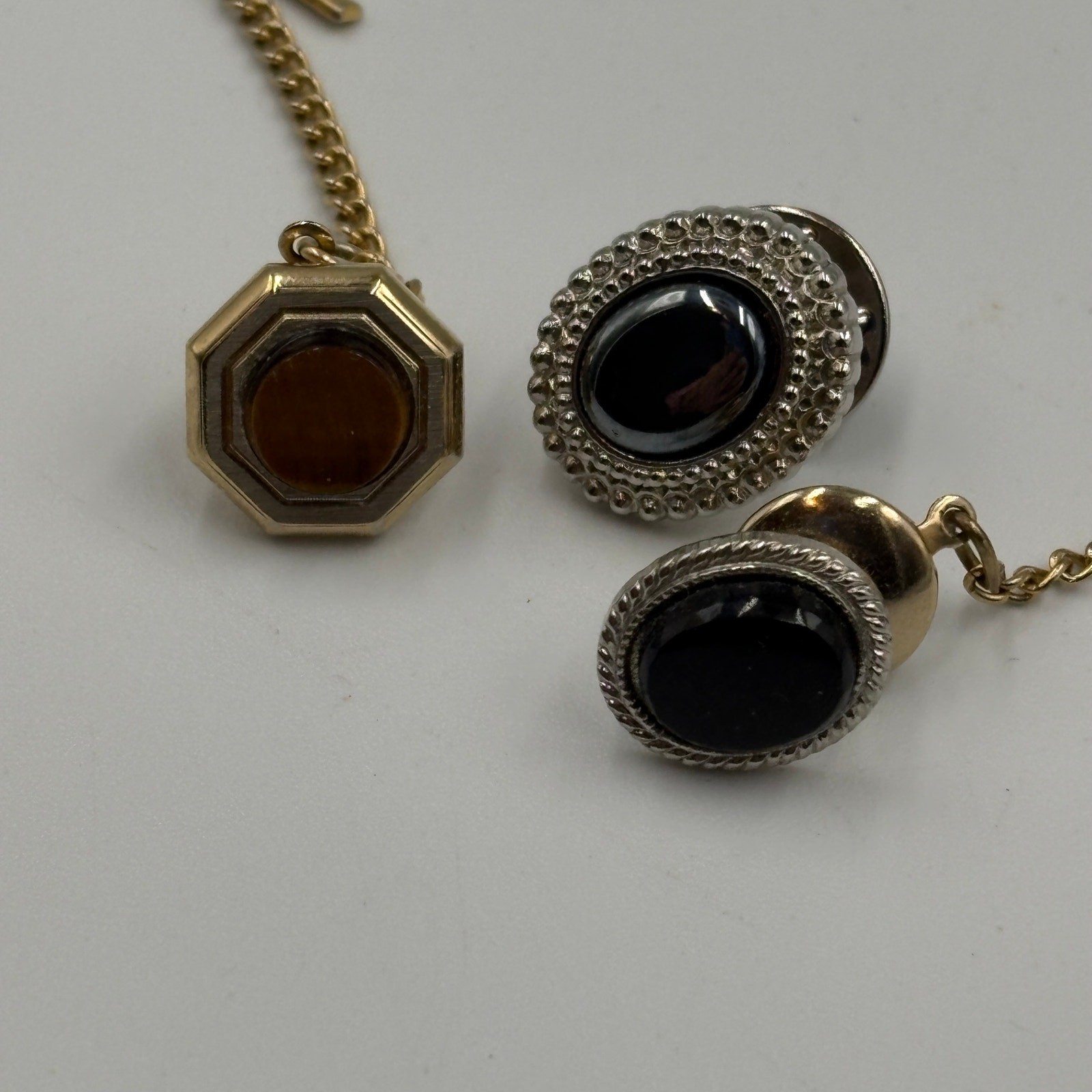 Bundle Lot 3 Vintage Tie Tacs Pins Silver Tone Gold Tone Black Stone Brown Stone