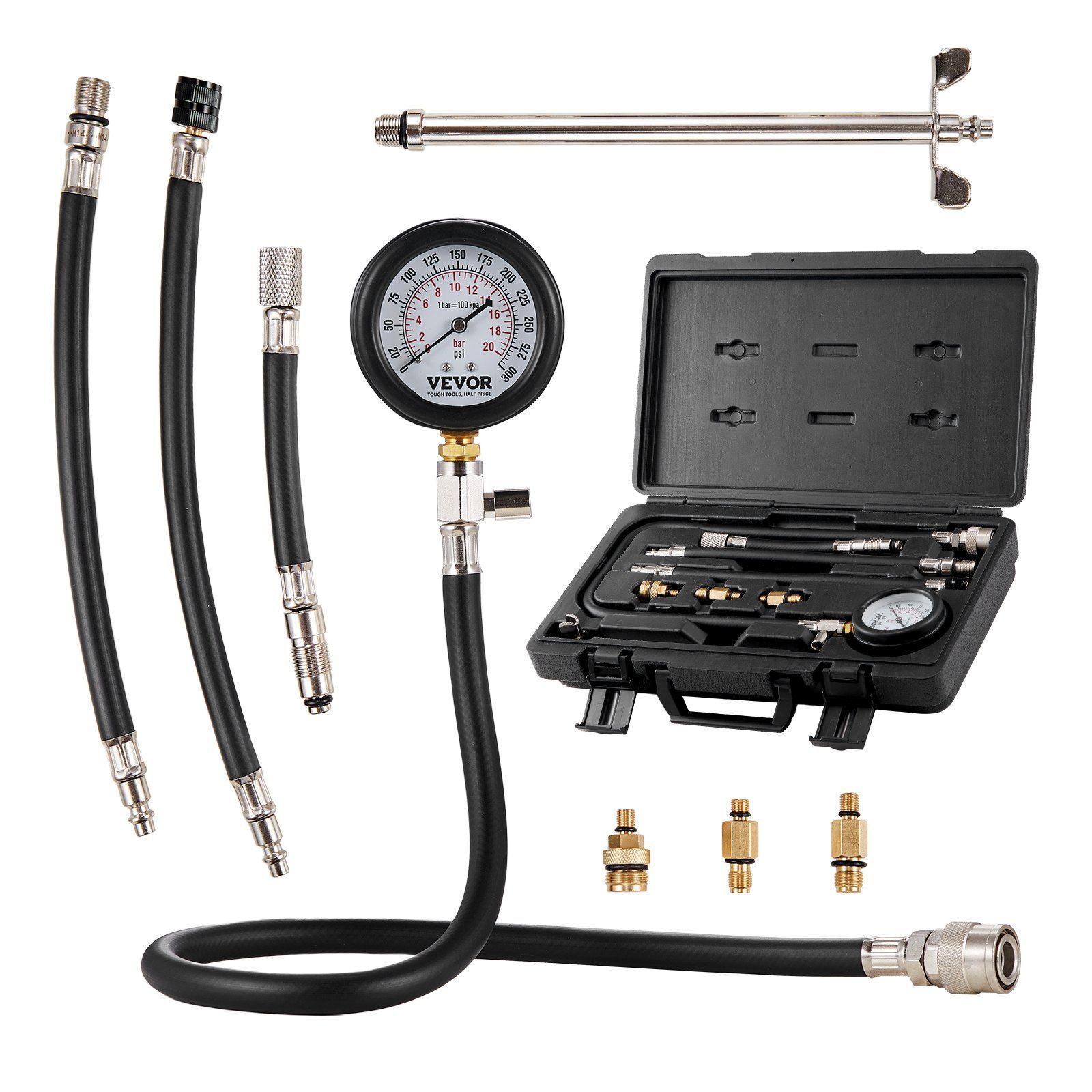 9-Pc Compression Tester Kit Dual Scale 0-300psi with Hoses/Case for Engines