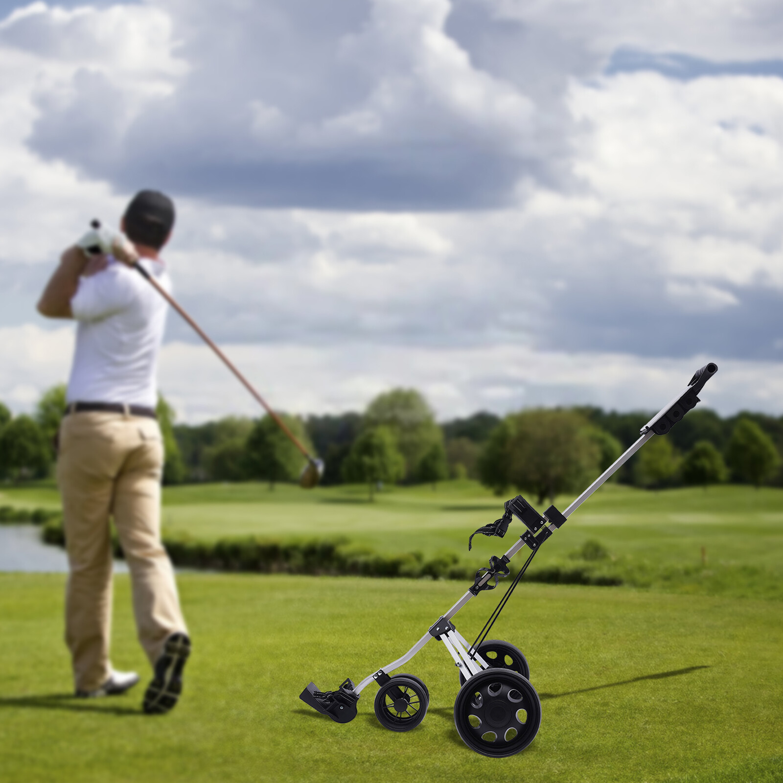 3-Wheel Golf Push Pull Cart Lightweight Folding Golf Walking Push Cart