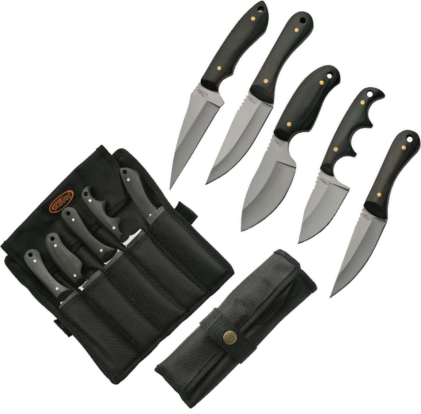 Skinning Knife Set | 5-Pc Hunting Kit Black Wood Handle Full Tang + Sheath