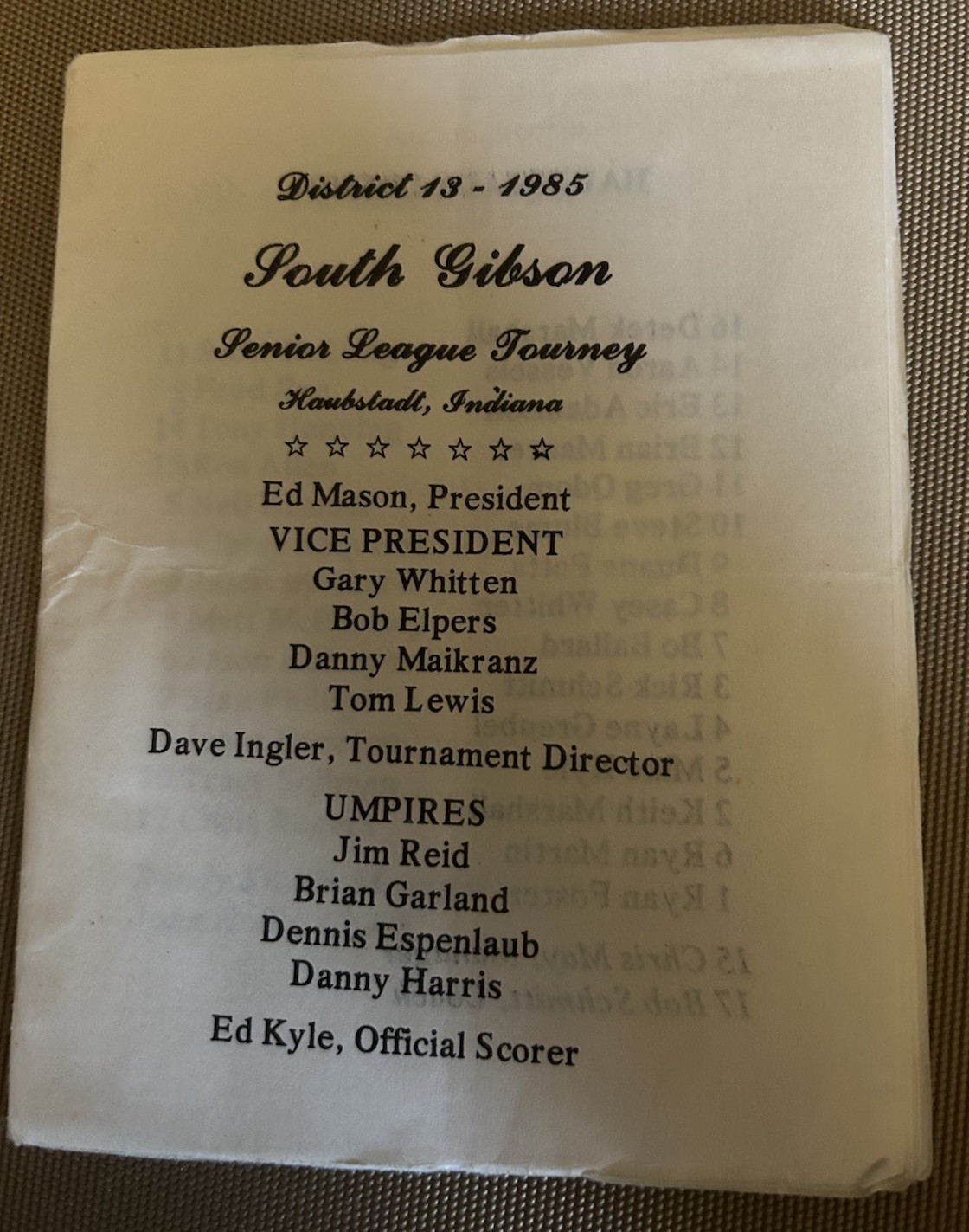 1985 Baseball Program South Gibson IN Senior League Tourney With Casey Whitten